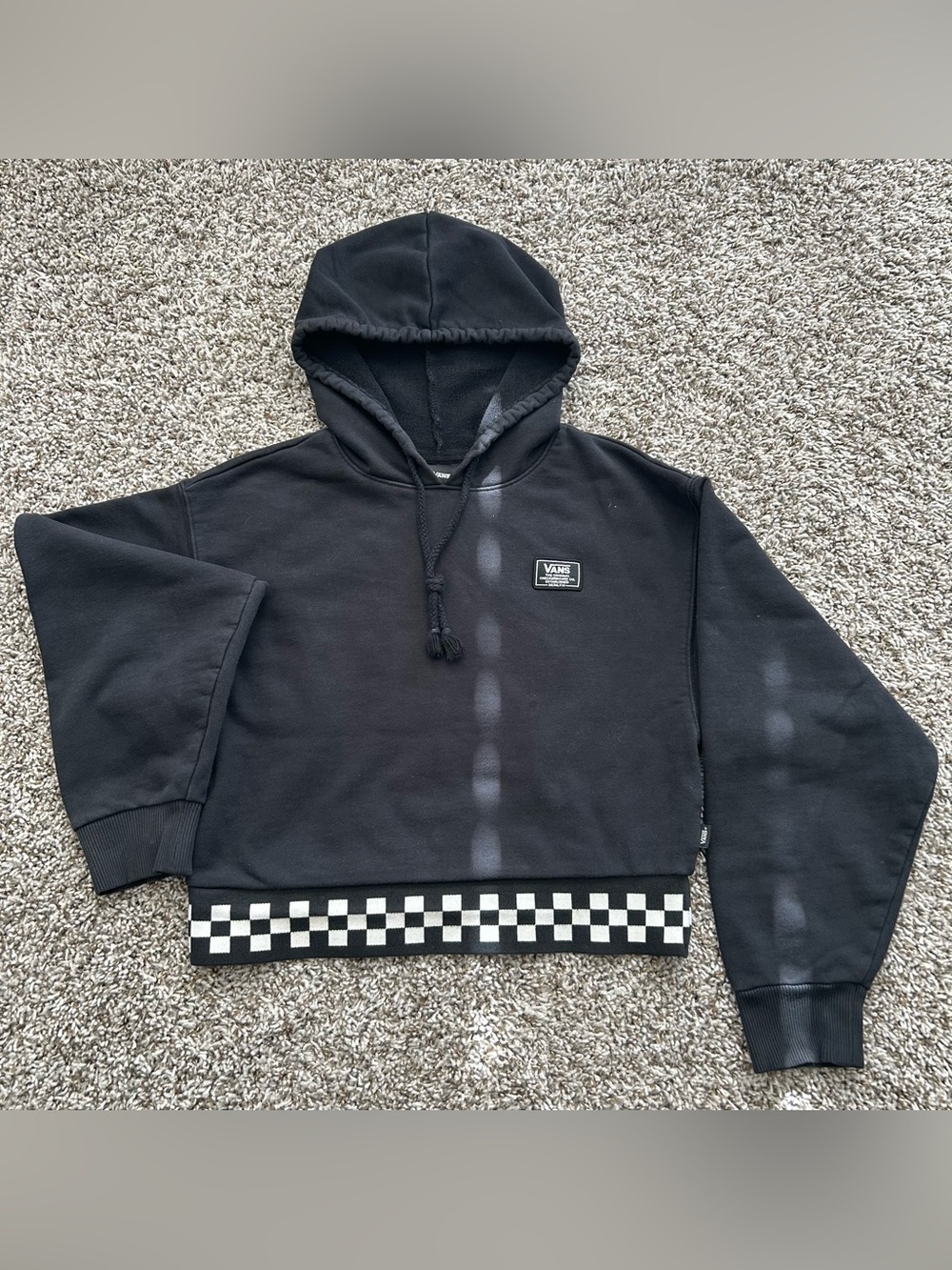 VANS Black CROPPED HOODIE Checkered Hem Fleece Size M Women